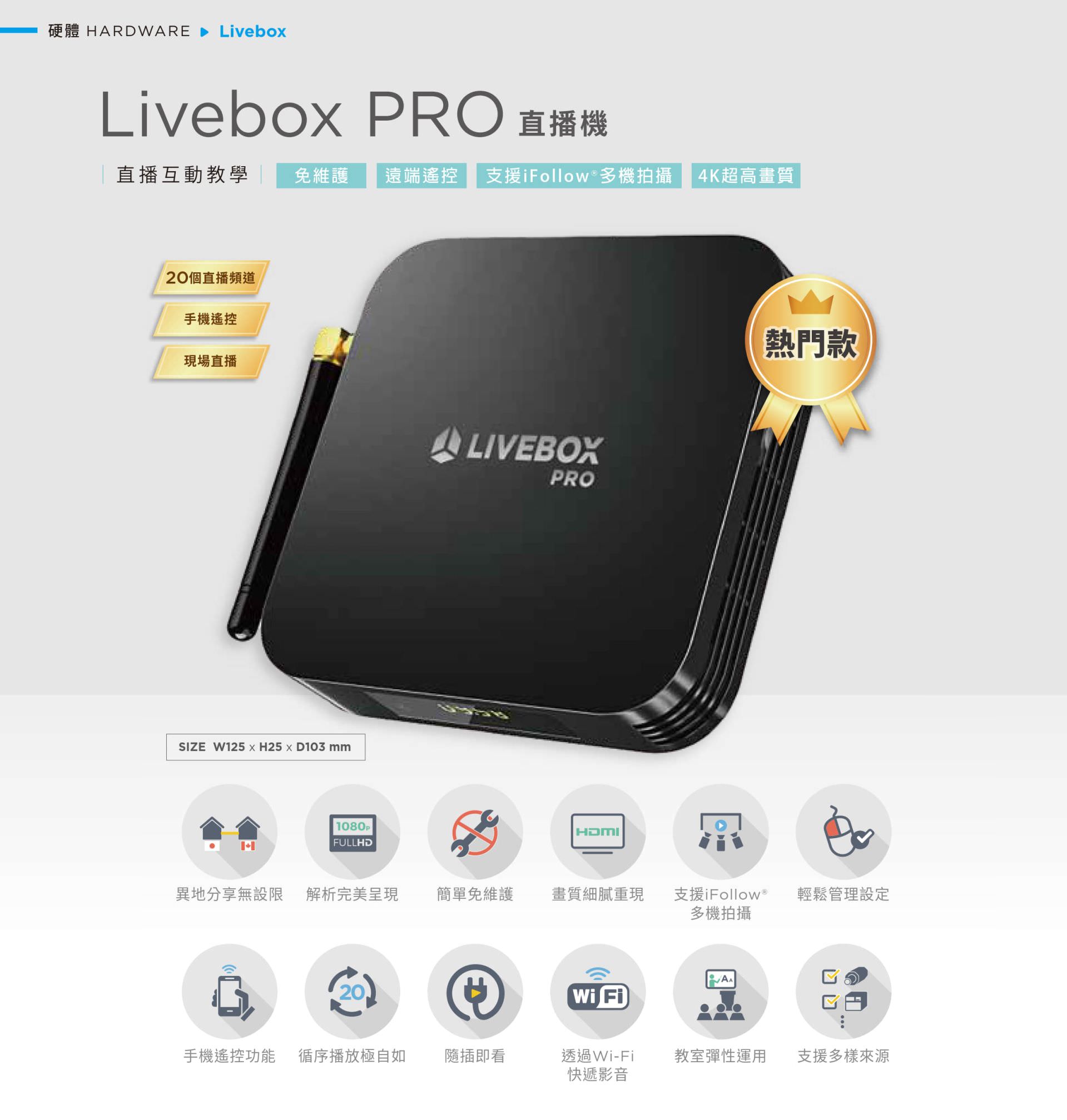 Livebox PRO 直播機支援 4K 超高畫質與 iFollow 多機拍攝技術，具備20路同步直播、手機遙控、Wi-Fi 快速投影與 HDMI 高畫質輸出，操作簡單免維護、支援循序播放與異地同步收看，適用於教室直播、即時互動教學與多場景教學應用，是整合彈性播放、多樣來源與遠端操控的智慧直播盒設備。